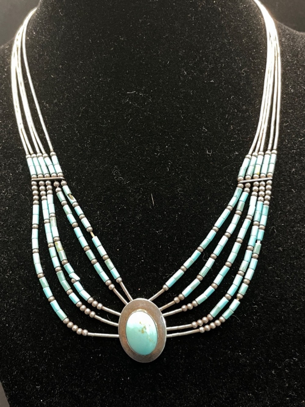 Vintage Liquid Silver 5 Strand Turquoise Necklace Southwest